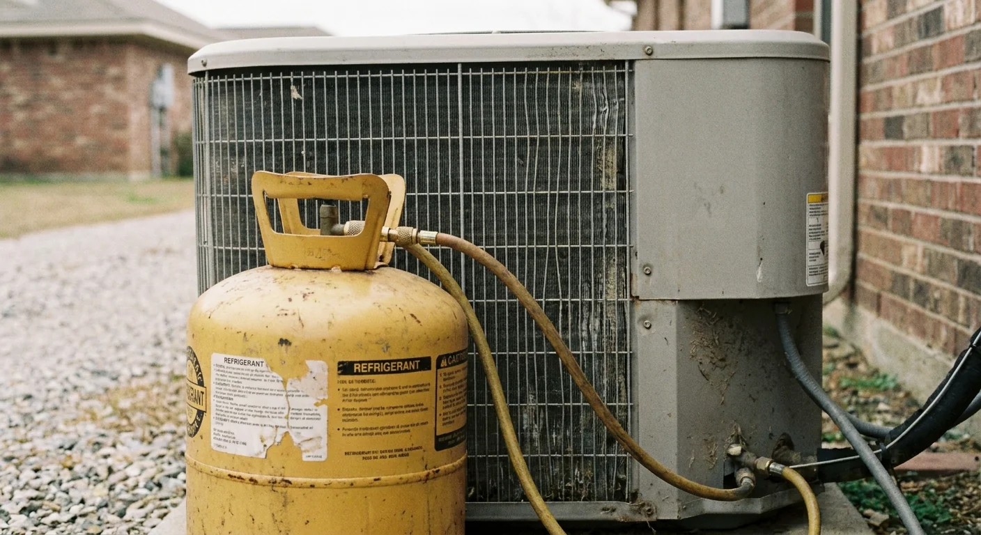 R-410A phase-out - a refrigerant recovery tank standing beside an outdoor air conditioner condenser unit, close-up