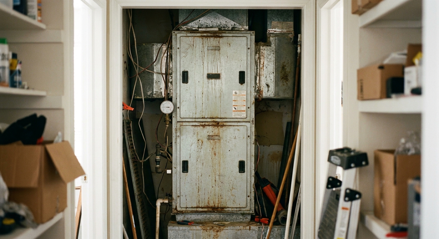 frozen coil - a tall indoor HVAC air handler cabinet standing in a utility closet, close-up