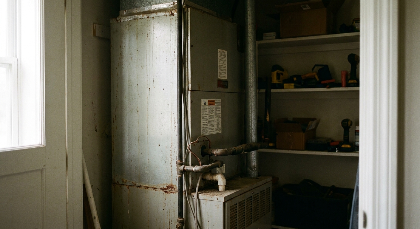 frozen coil - a tall indoor HVAC air handler cabinet standing in a utility closet, close-up
