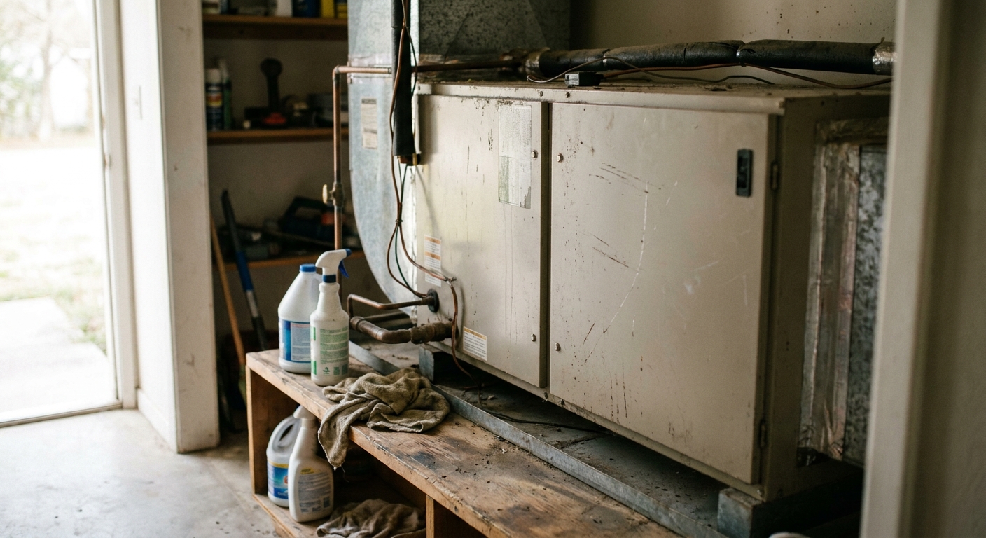 frozen coil - a tall indoor HVAC air handler cabinet standing in a utility closet, close-up