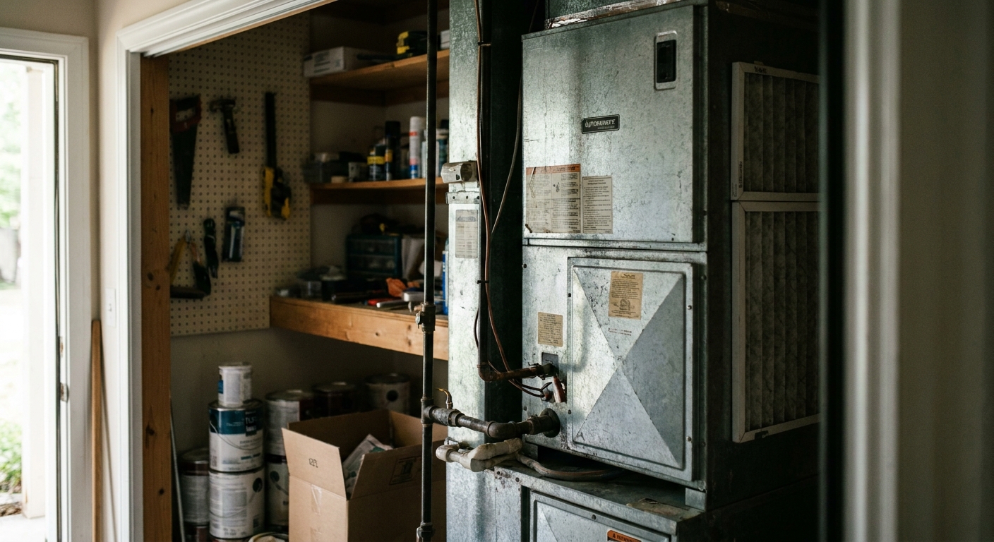 frozen coil - a tall indoor HVAC air handler cabinet standing in a utility closet, close-up