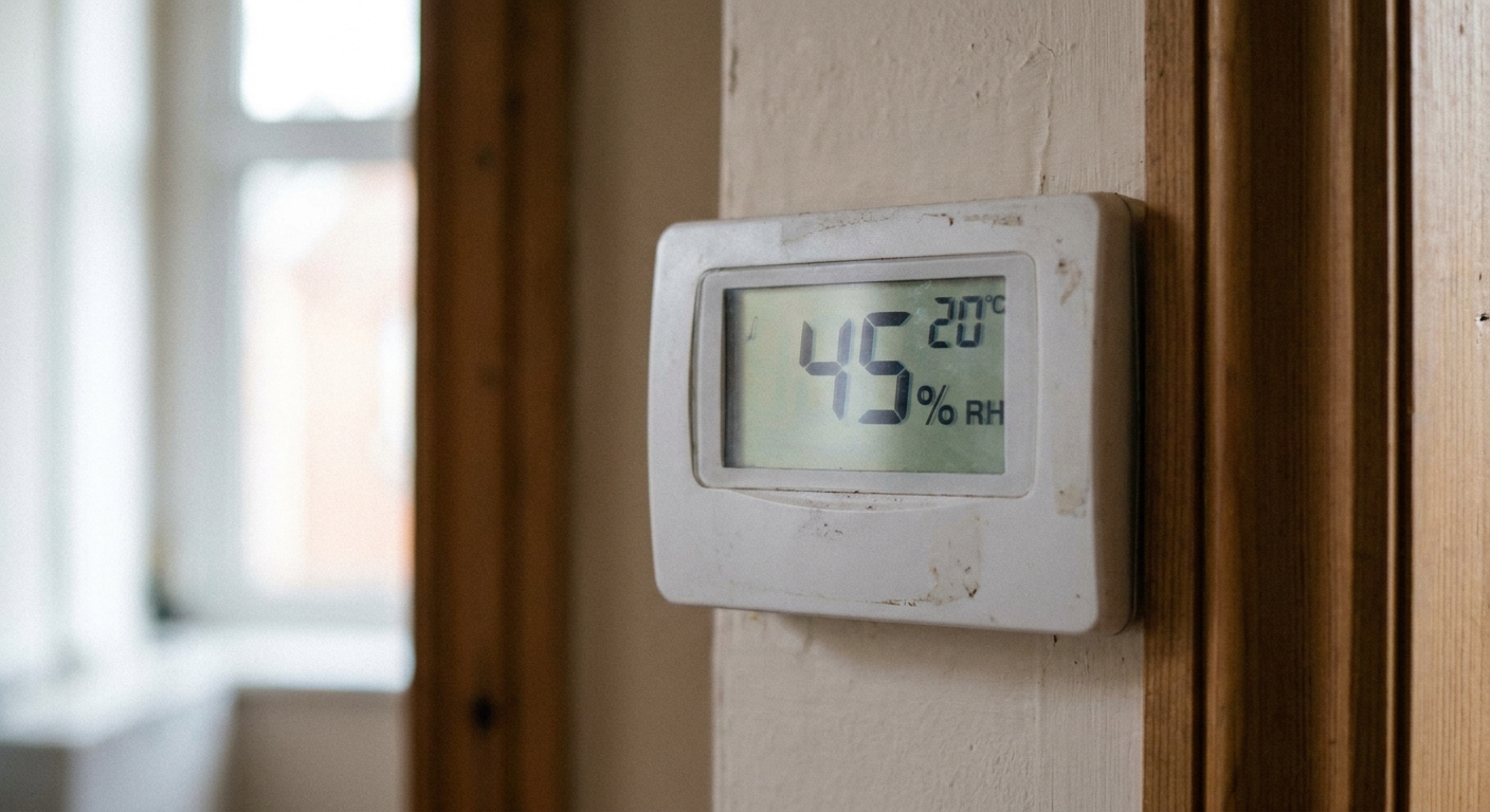 indoor humidity - a wall-mounted digital thermostat showing indoor humidity, close-up