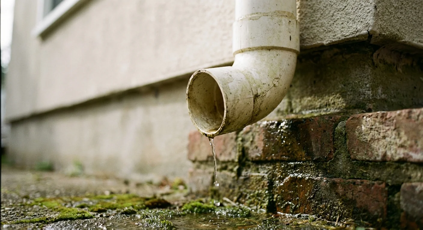 AC leaking water - a white PVC condensate drain pipe dripping water beside a house exterior wall, close-up