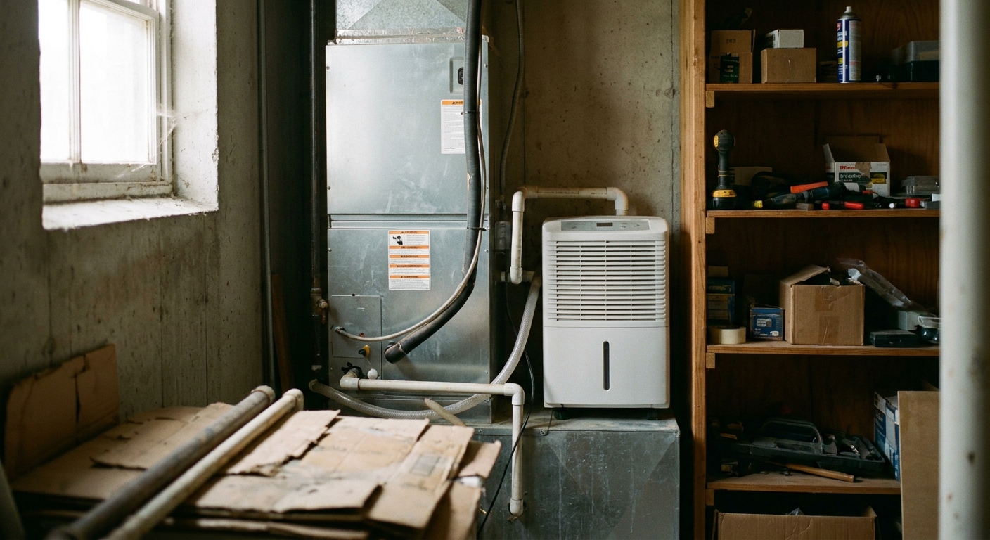 humidity - a whole-home dehumidifier and air handler in a utility room