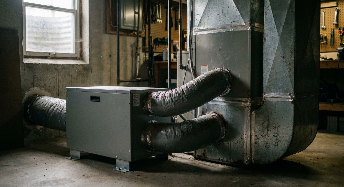 indoor humidity - a whole-home dehumidifier connected to an air handler in a utility room
