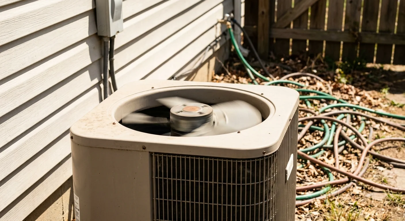 thermostat settings heat wave - an American residential central air conditioner condenser running beside a house in bright summer sun