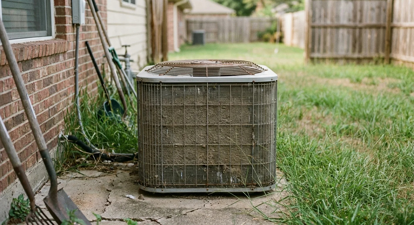 AC tripping breaker - an American residential central air conditioner condenser, a boxy metal ground unit with a top circular fan grille, on a concrete pad beside a house