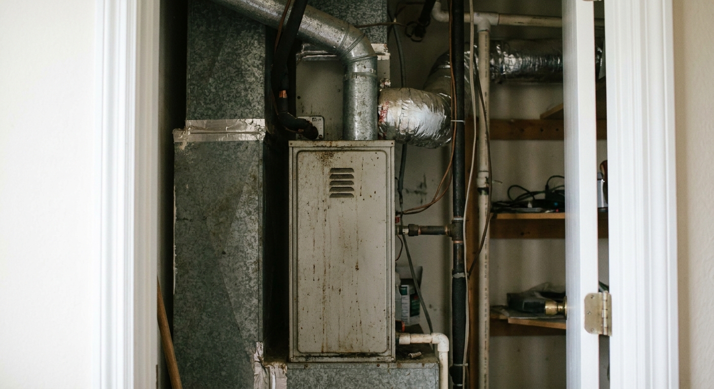 leaky ductwork - an indoor HVAC air handler cabinet connected to ductwork in a utility closet