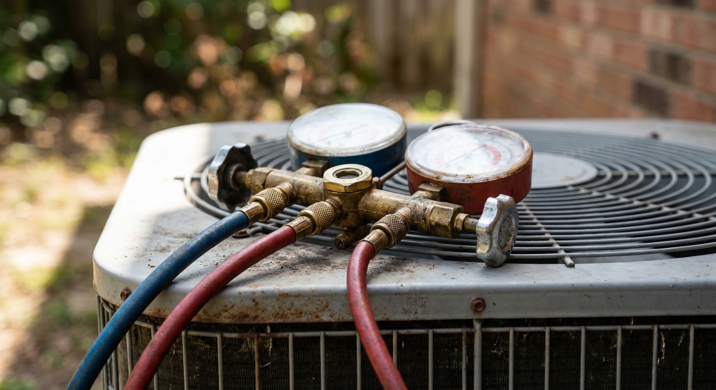 AC tune-up - close-up of an HVAC refrigerant gauge manifold with hoses connected to an outdoor air conditioner condenser unit