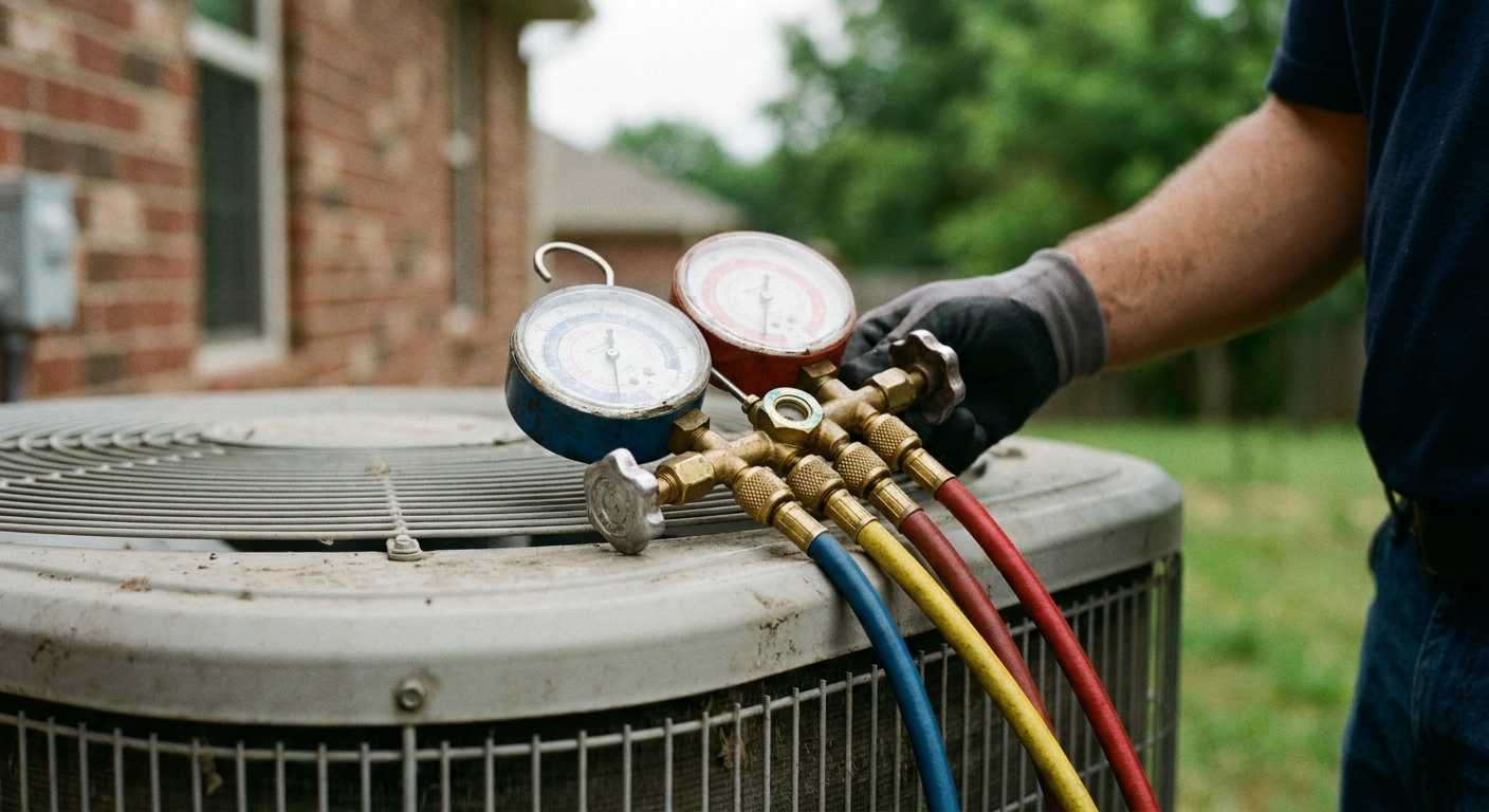 AC tune-up - close-up of an HVAC refrigerant gauge manifold with hoses connected to an outdoor air conditioner condenser unit