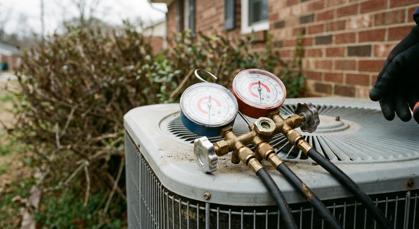 AC tune-up - close-up of an HVAC refrigerant gauge manifold with hoses connected to an outdoor air conditioner condenser unit