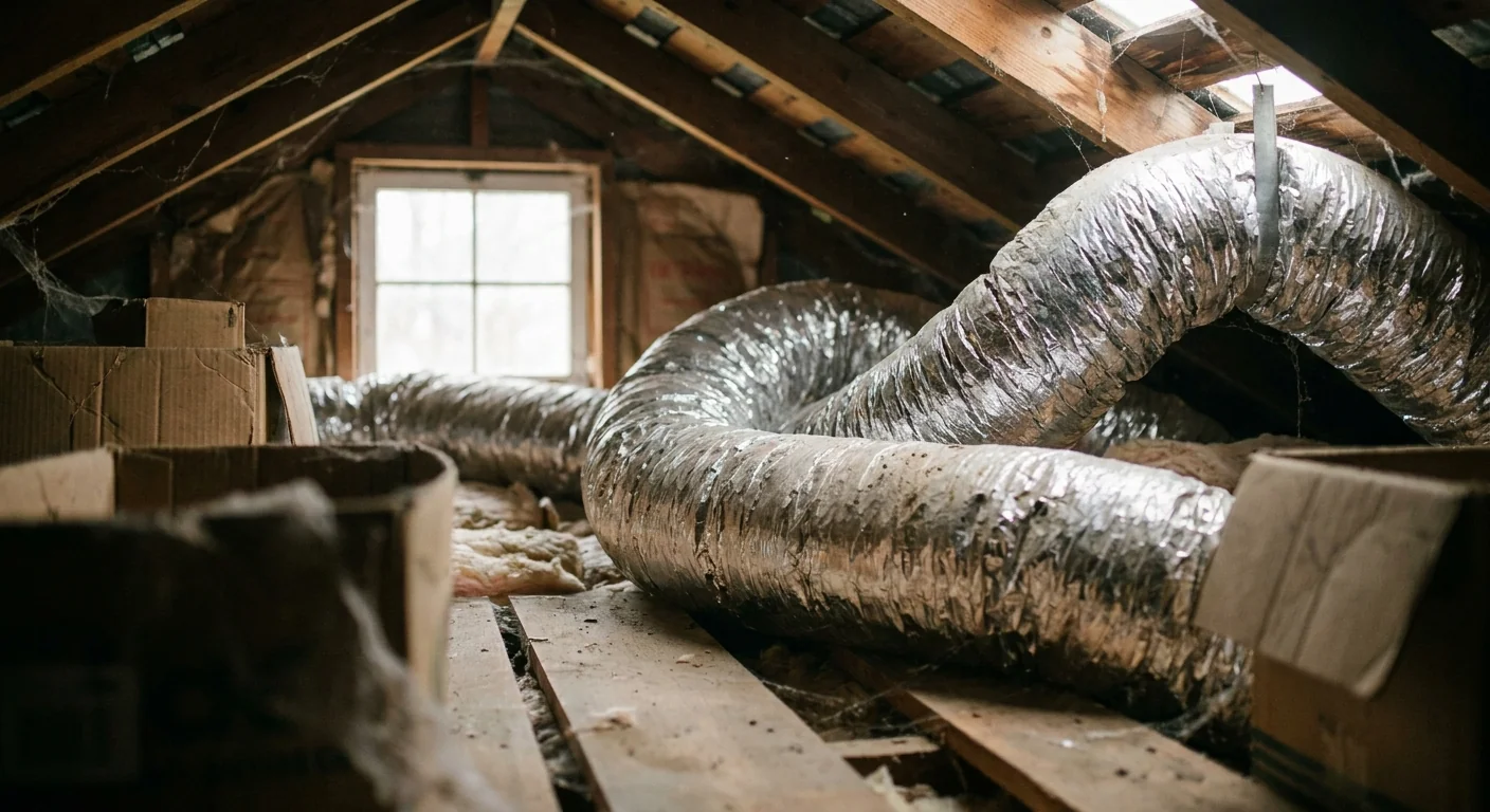 one room hotter - flexible silver HVAC ductwork running through a home attic