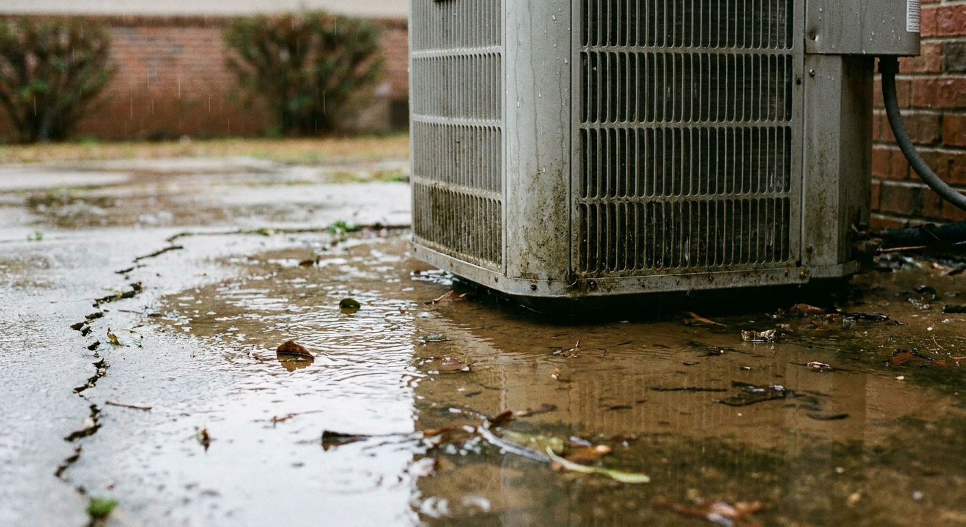 hurricane AC prep - rain water pooling around the base of an outdoor air conditioner condenser unit on a concrete pad
