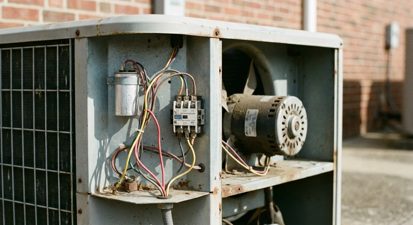 AC making noise - the open side panel of an outdoor air conditioner condenser showing the fan motor and electrical components, close-up