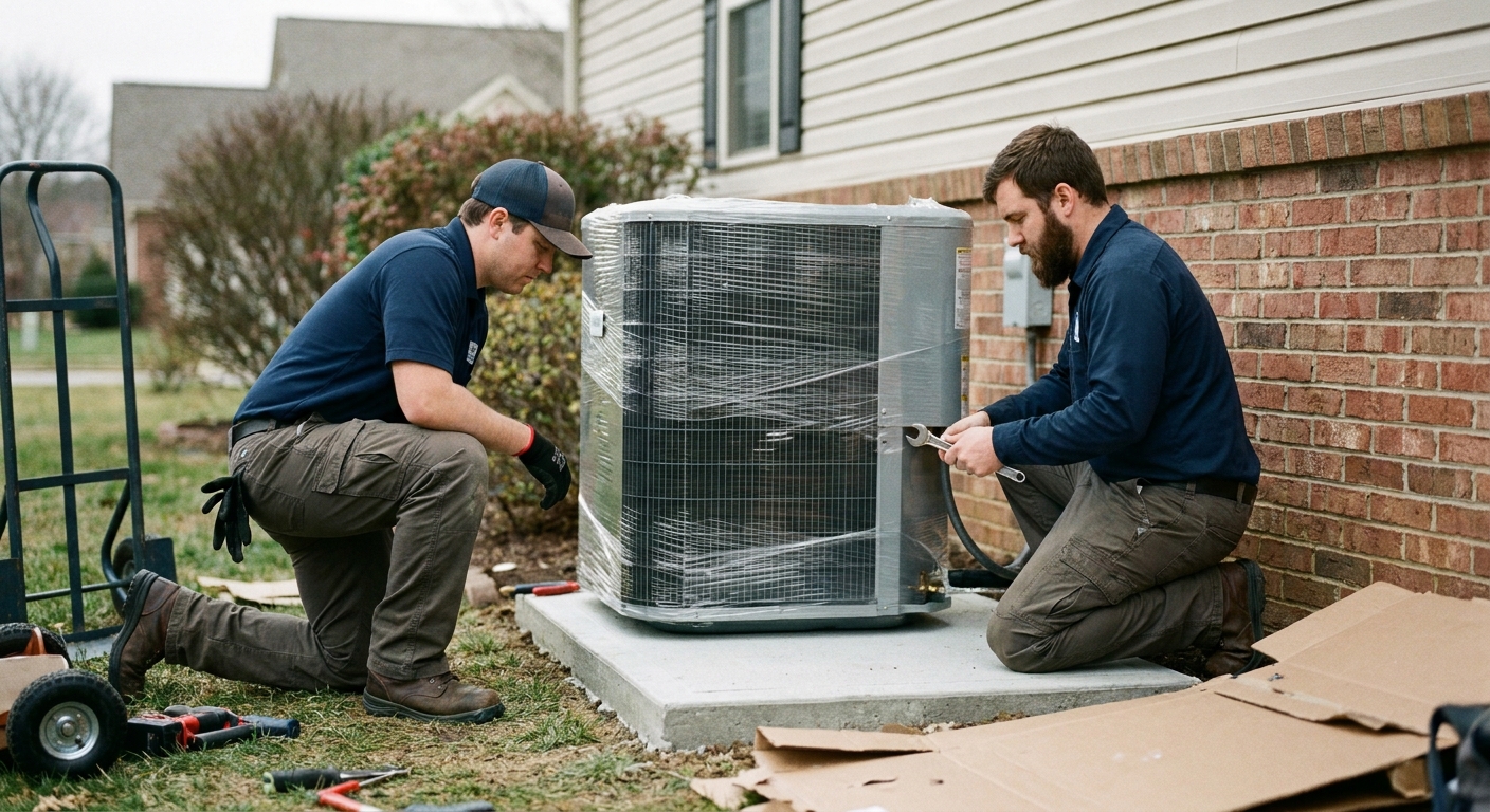 repair or replace AC - two HVAC technicians in work uniforms setting a brand-new central air conditioner condenser onto a concrete pad beside a suburban house