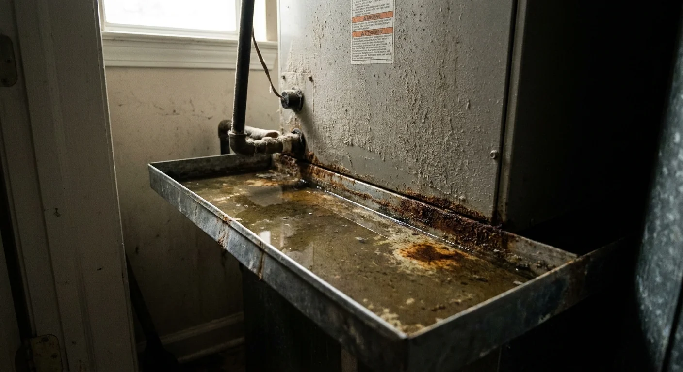 AC leaking water - water pooled in a drain pan under an indoor HVAC air handler unit, close-up