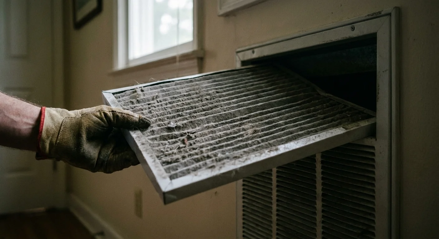 AC not cooling - a close-up of a dirty clogged pleated air filter being pulled from a return-air vent