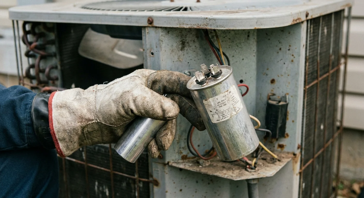 AC short cycling - a dual-run capacitor held in a technician's gloved hand beside an open AC condenser, close-up