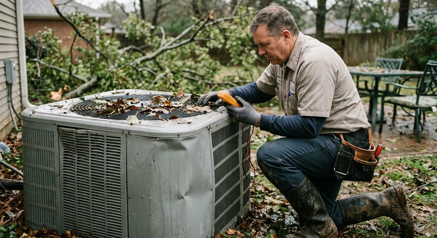 restart AC after storm - a professional HVAC technician in a work uniform inspecting an outdoor air conditioner condenser unit after a storm