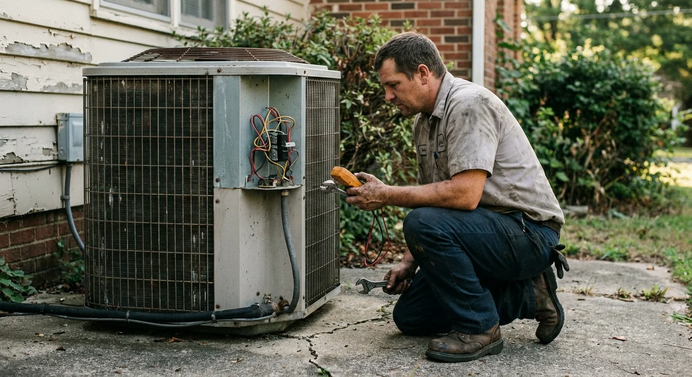 AC not cooling - a professional HVAC technician in a work uniform kneeling beside an American central air conditioner condenser, using a tool on its open access panel, on a concrete pad beside a house