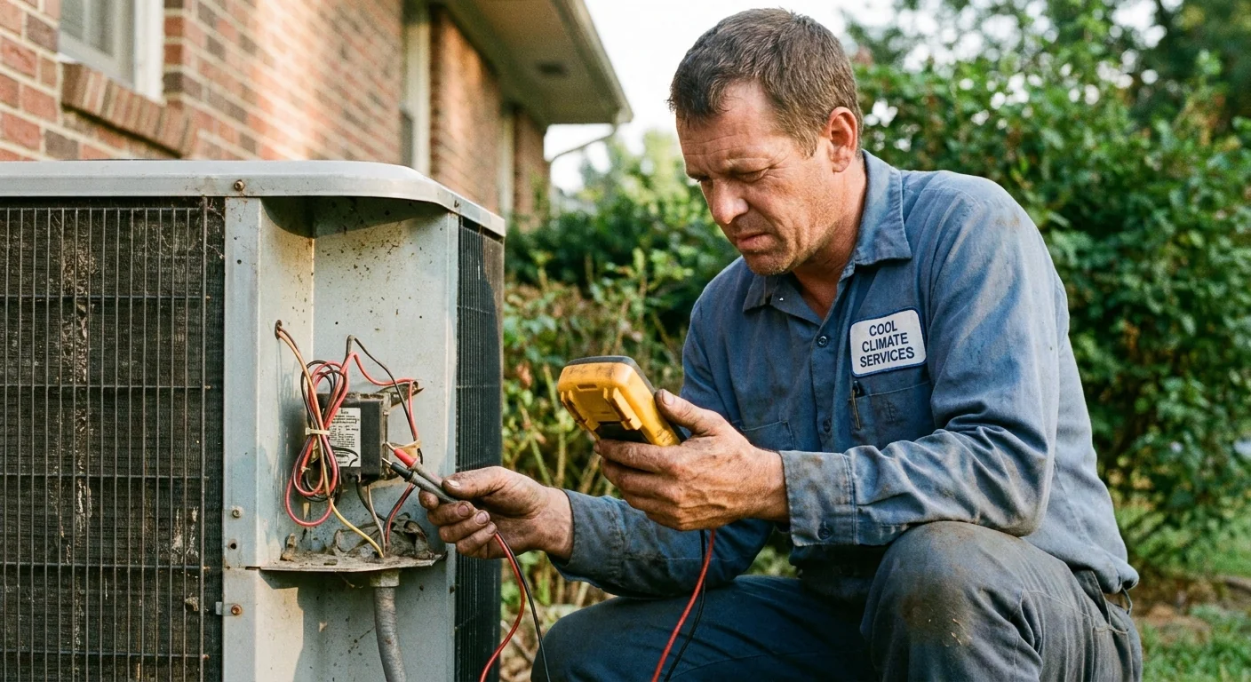 AC short cycling - a professional HVAC technician in a work uniform testing the electrical components inside an outdoor air conditioner condenser unit with a multimeter