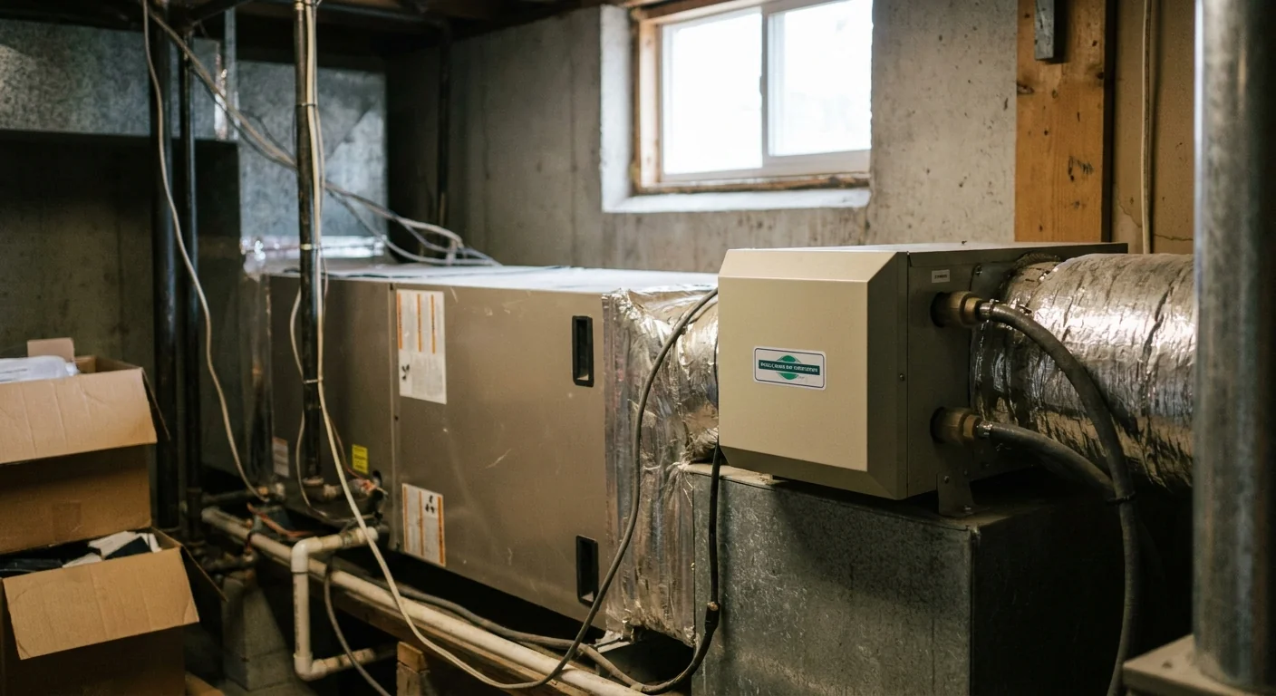 musty smell AC - a whole-home air purification unit installed on ductwork beside an air handler in a utility room