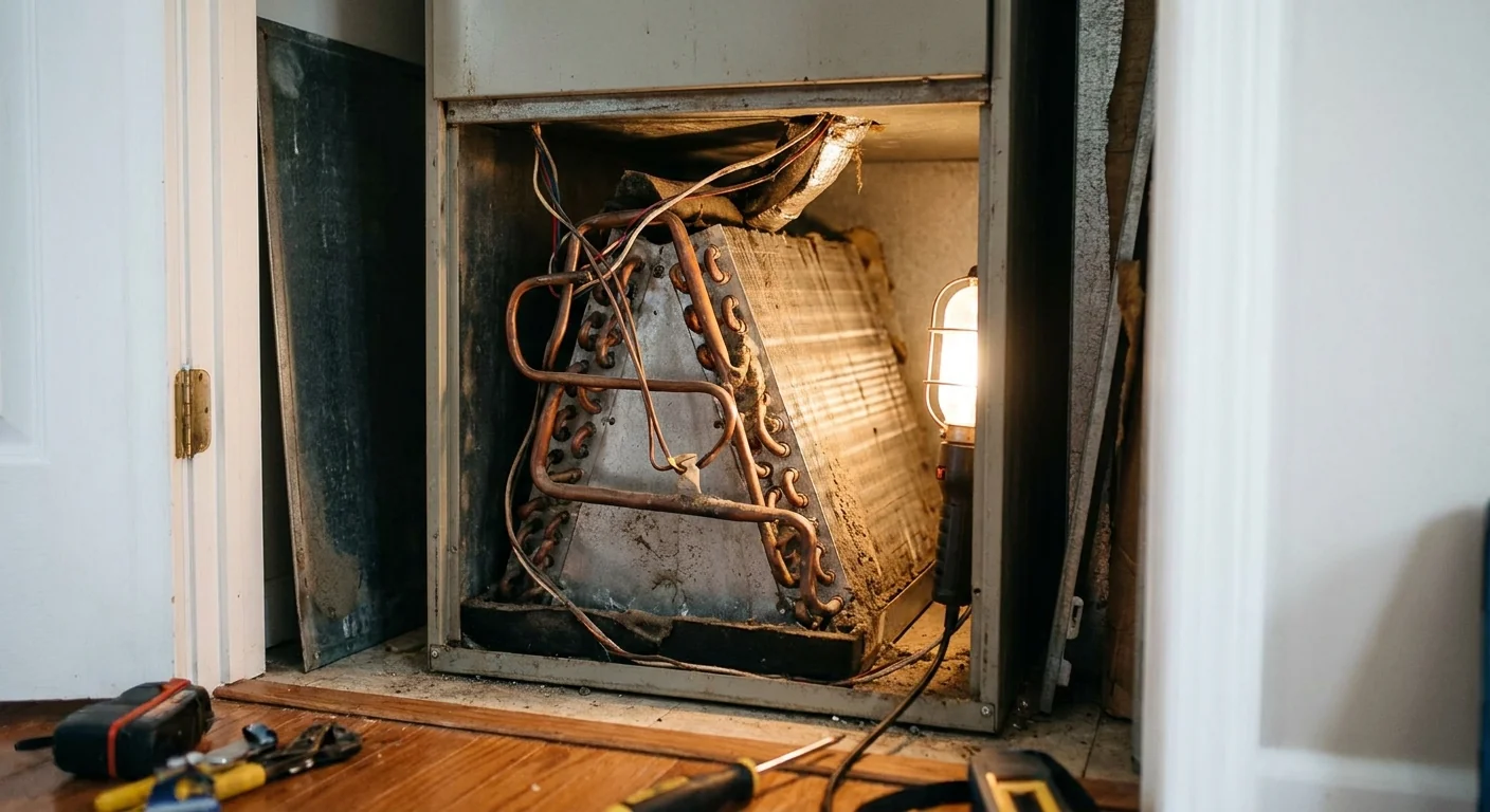 musty smell AC - an indoor HVAC air handler cabinet with its access panel open showing the evaporator coil area