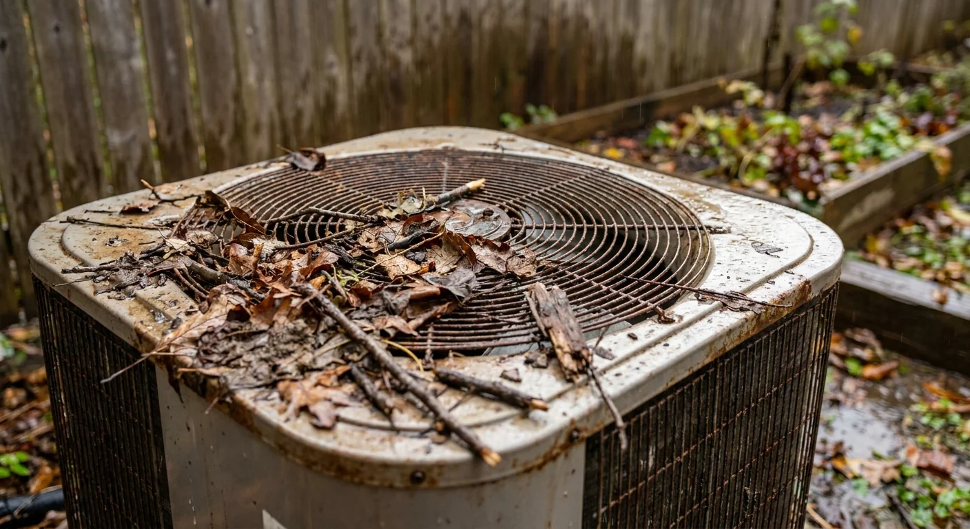 restart AC after storm - fallen leaves and storm debris on top of an outdoor air conditioner condenser unit, close‑up